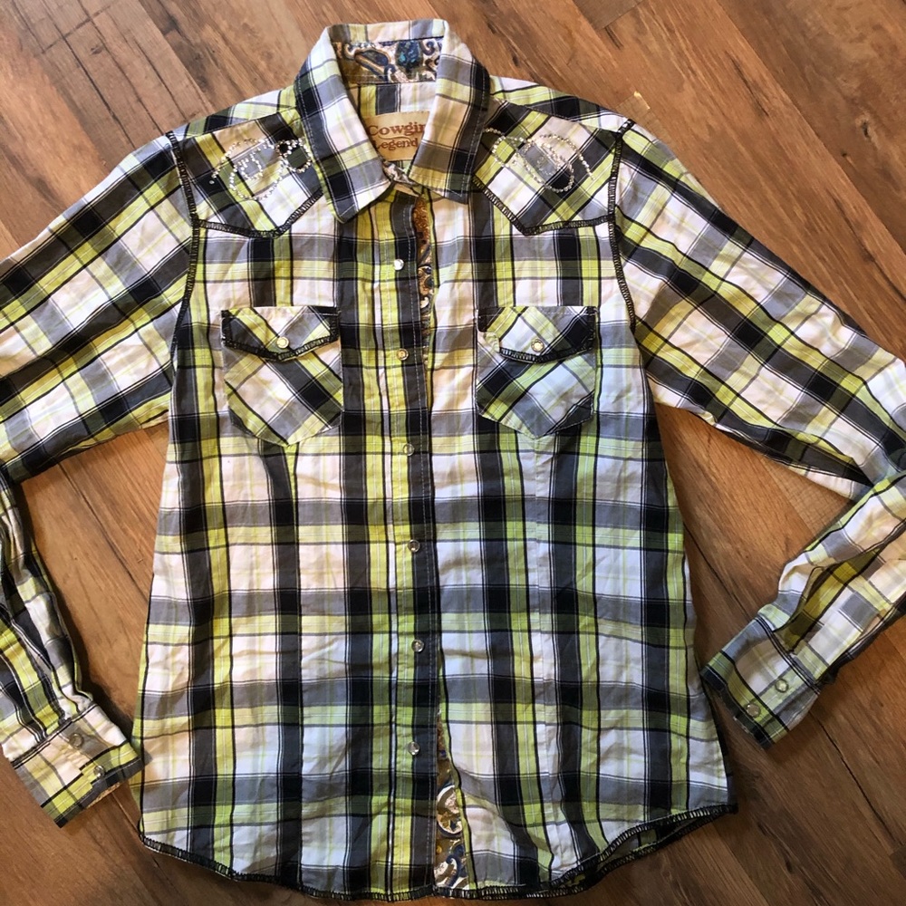 Green and blue rhinestone snap shirt